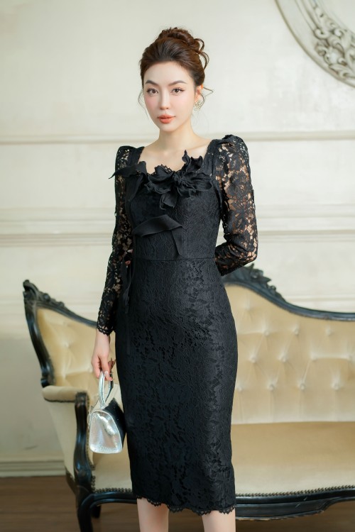 Sixdo Black Floral Midi Lace Dress